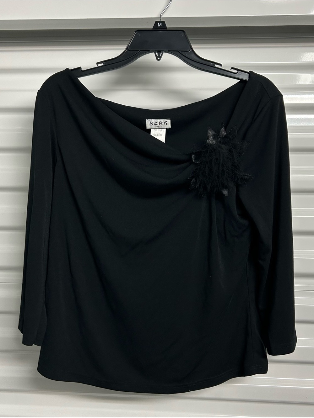 BCBG Black Cowl-Neck Long Sleeve Top with Feather Accent